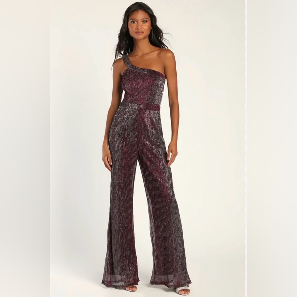 Lulu’s Glitter Girl Shiny Purple One Shoulder Jumpsuit Size XL